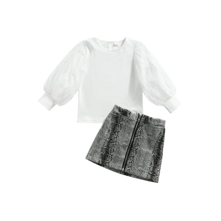 

ZIYIXIN Kids Girls Clothes Long Lace Puff Sleeve Solid Tops+Snakeskin Printed Zipper Skirts Sets White 4-5 Years