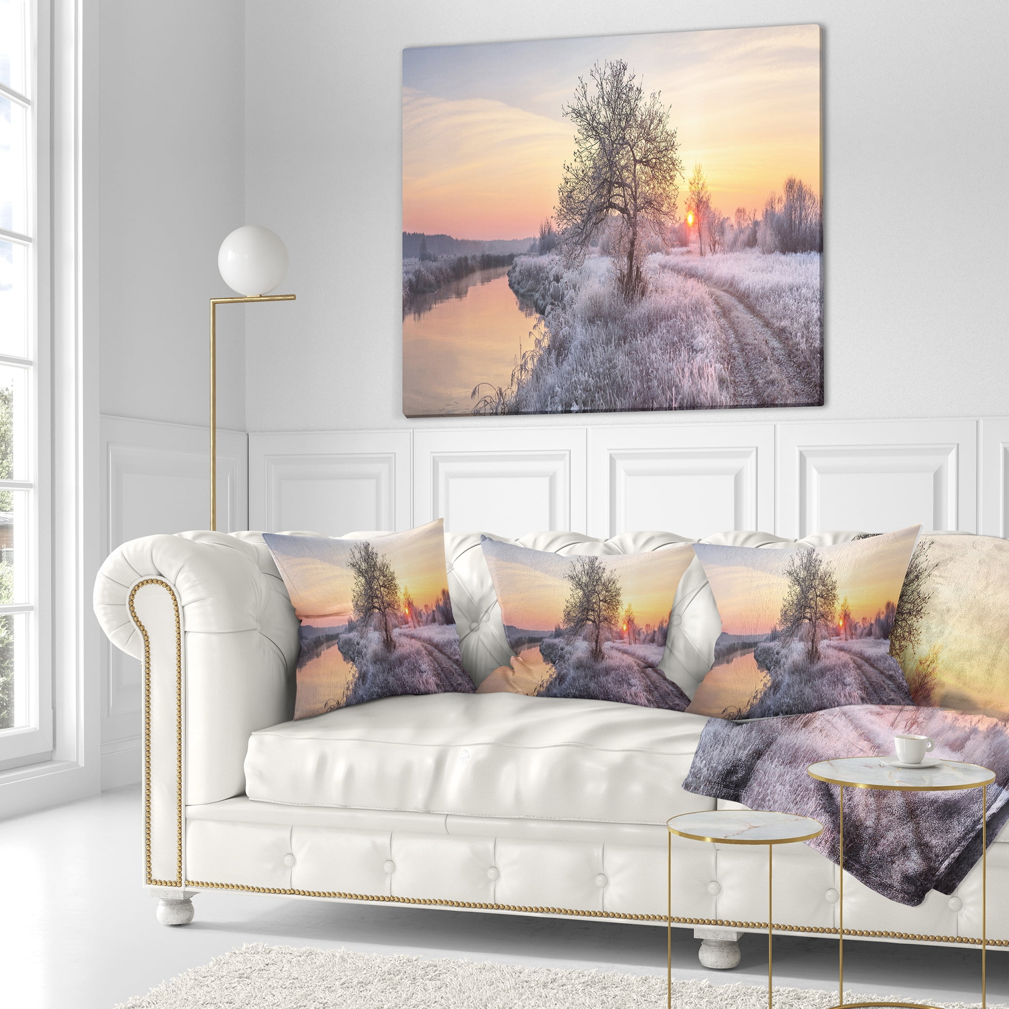 Designart Winter Sunrise over Frosty Field - Landscape Printed Throw Pillow - 18x18
