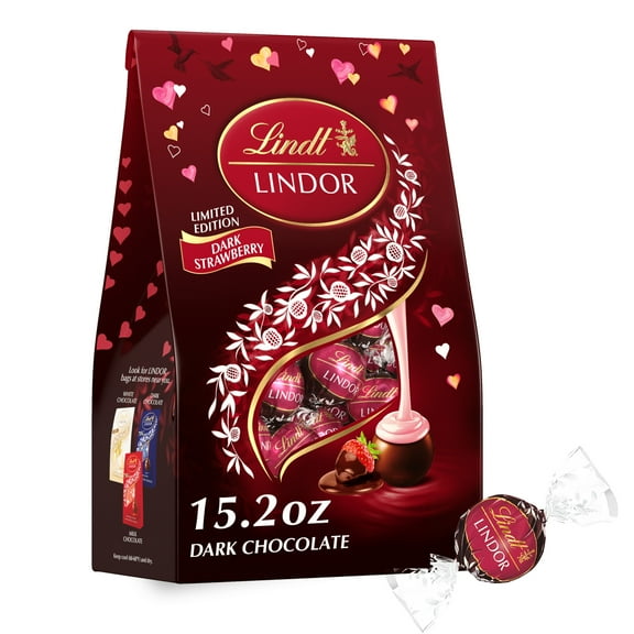 Lindt LINDOR Valentine's Day Strawberry Dark Chocolate Candy Truffles, 15.2 oz. Bag