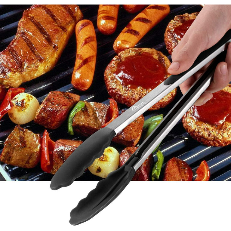 SKYCARPER Silicone Food Tongs, Rubber Tip Tongs Stainless Steel Core BBQ Kitchen Cooking Tongs with Silicone Tips, Size: 1pc, Black