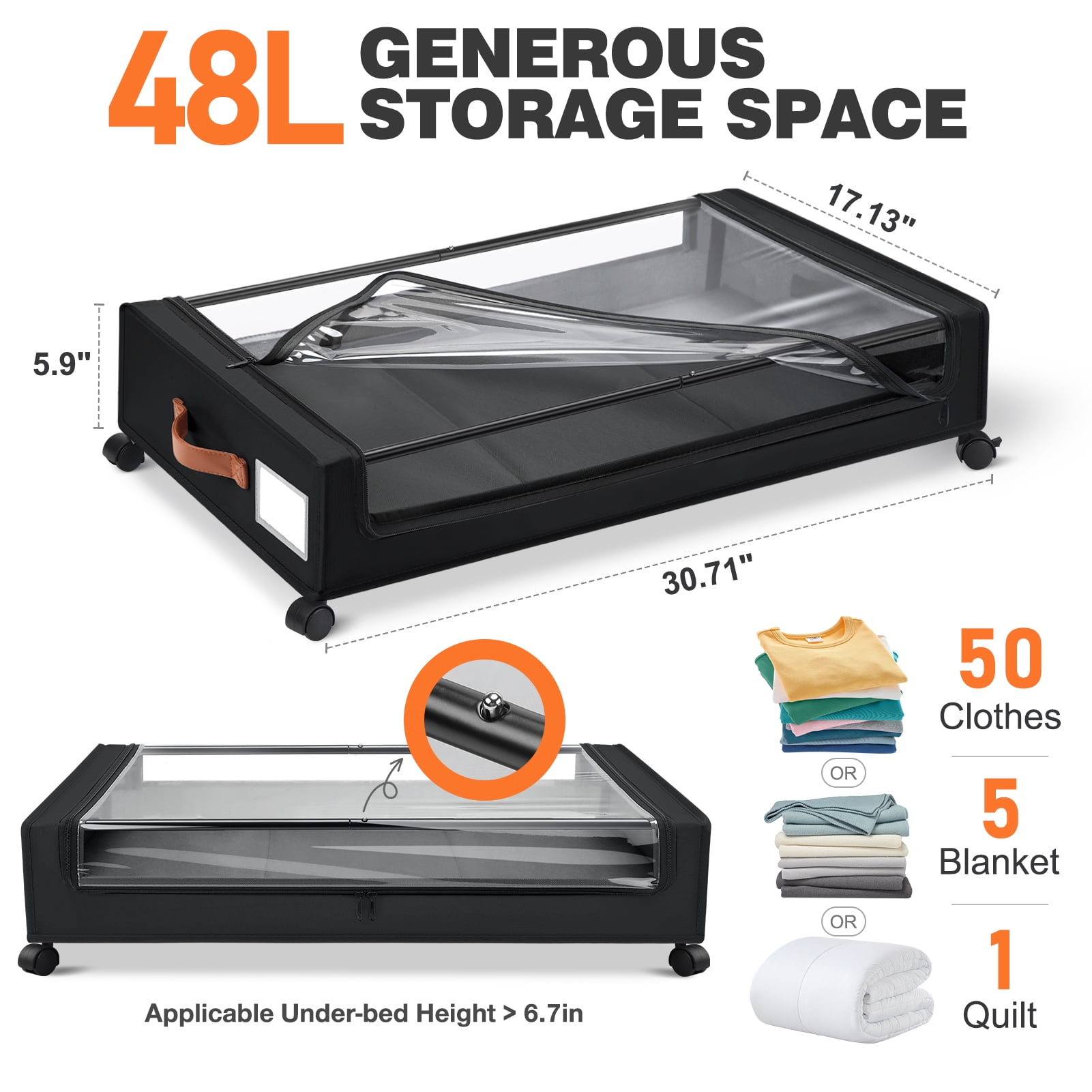 Livhil Under Bed Storage with Wheels, 2Pack Under Bed Storage Containers, Under Bed Shoe Storage and Bins (Black)