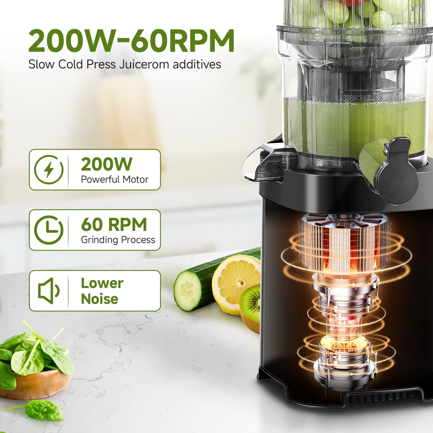 Aobosi Cold Press Juicer with 5.2” Wide Feed Chute, 400W Slow Masticating Juicer Machine, Easy to Clean, Reverse Function for Fruits & Vegetables