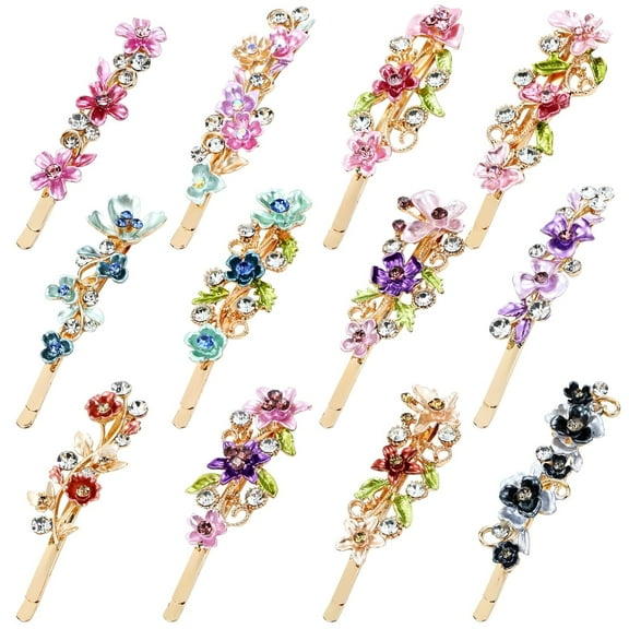 12 Pack Sparkly Glitter Crystal Hair Jewelry Rhinestone Butterfly Flower Hair Clips Metal Side Hair Pins Fine Bang Hair Bobby Pins Decorative Hair Barrettes Fancy Accessories for Women Girls
