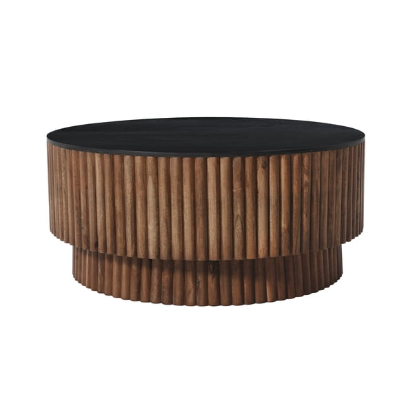 Montoya Coffee Table | 34" Round Black Top | Brown Mango Wood Fluted Plinth Base