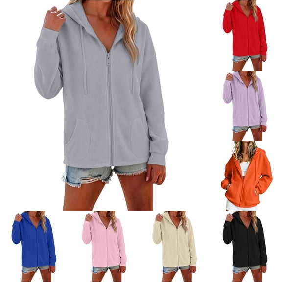 PRfgtbd Women's Casual Zip Up Hoodie with Pockets Solid Color Long Sleeve Sweatshirt Jackets Fall Trendy Hoodies for Women