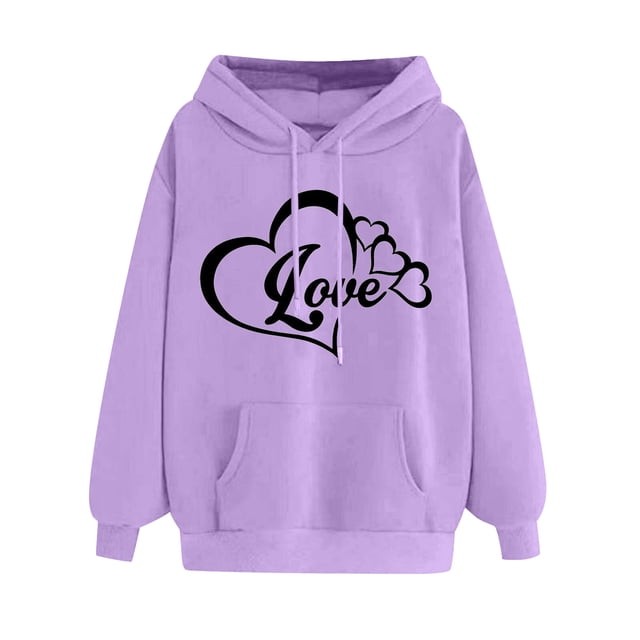 Plus Size Casual Comfort Women's Cozy Sweater Sport Plus Size Casual Comfort Hooded Fleece Sweater Heart Pattern Printed Women's Hooded Pocket Drawstring Sweater