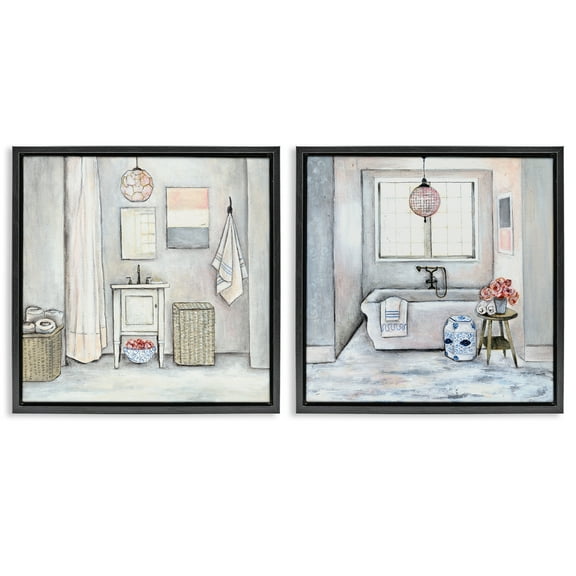 Stupell Industries Bathroom Interior Soft Cottage Design Abstract Drawing Black Floater Framed Canvas Art Print Wall Art, 18 x 18, Set of 2