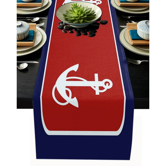 Table Runner Dresser Scarves 90 Inch Long, White Nautical Anchor Linen Dining Table Runners Marine Element on Red and Navy Blue Tabletop Scarf for Wedding Holiday Party Kitchen
