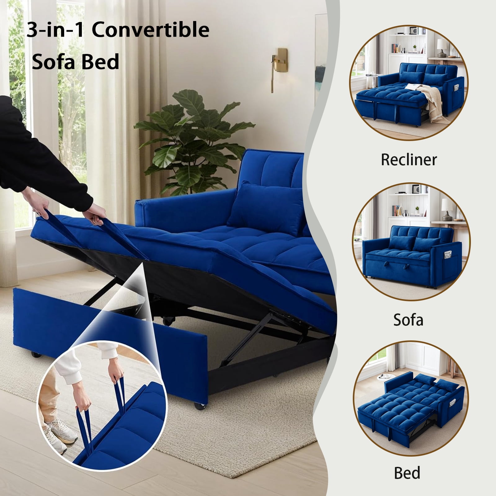 EPOWP 3 in 1 Folding Convertible Sofa Bed,55'' Pull Out Couch Bed with Side Pocket,Velvet Fabric Loveseat Sleeper Sofa with Adjustable Backrest,Easy Assembly,Perfect for Living Room,Blue