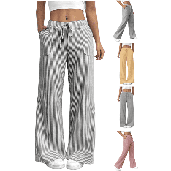 Tawop Striped Pants for Women Cotton Linen Pants Drawstring Open Bottom Pants with Pockets ,Gray ,XL