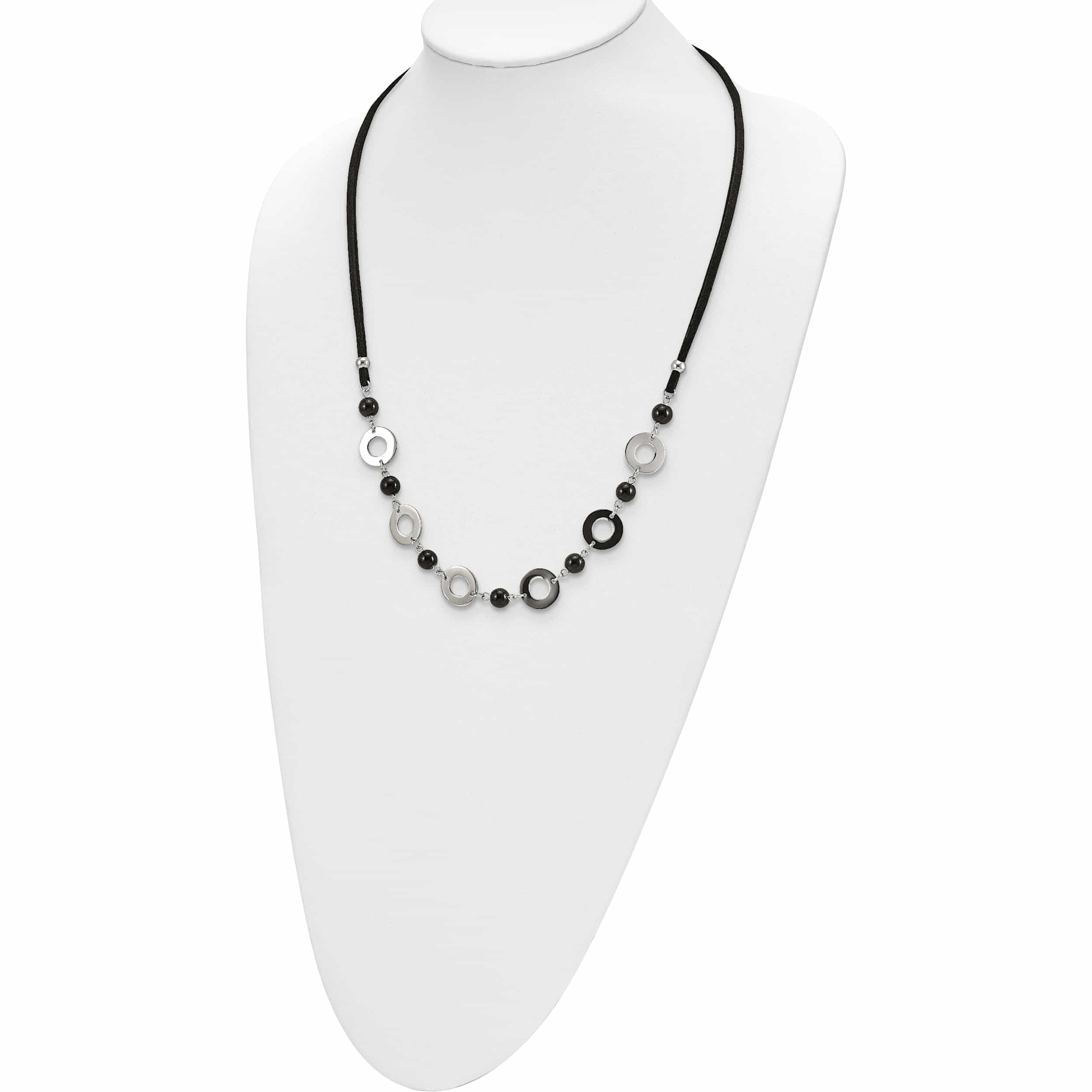 Stainless Steel Polished With Black Agate 1.5In Ext Leather Cord Necklace Made In China -Jewelry By Sweet Pea