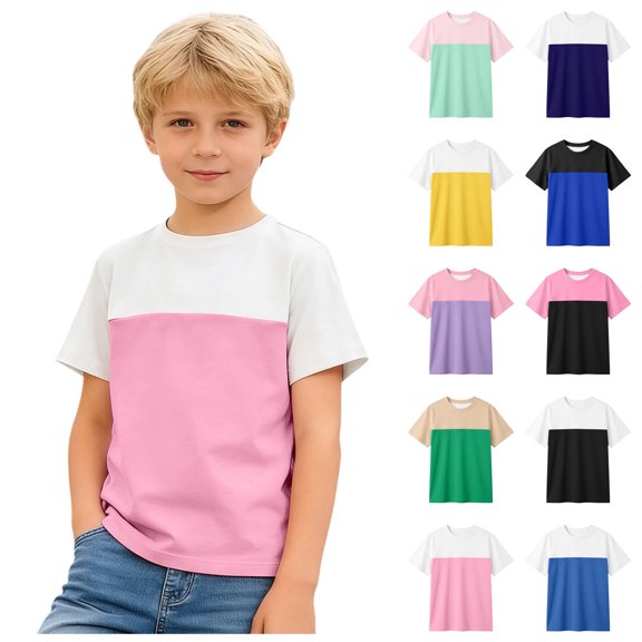 Kids T Shirts Round Neck Short Sleeve Boys Pink Shirt Basic Boys Solid Color Shirts 4-5 Years