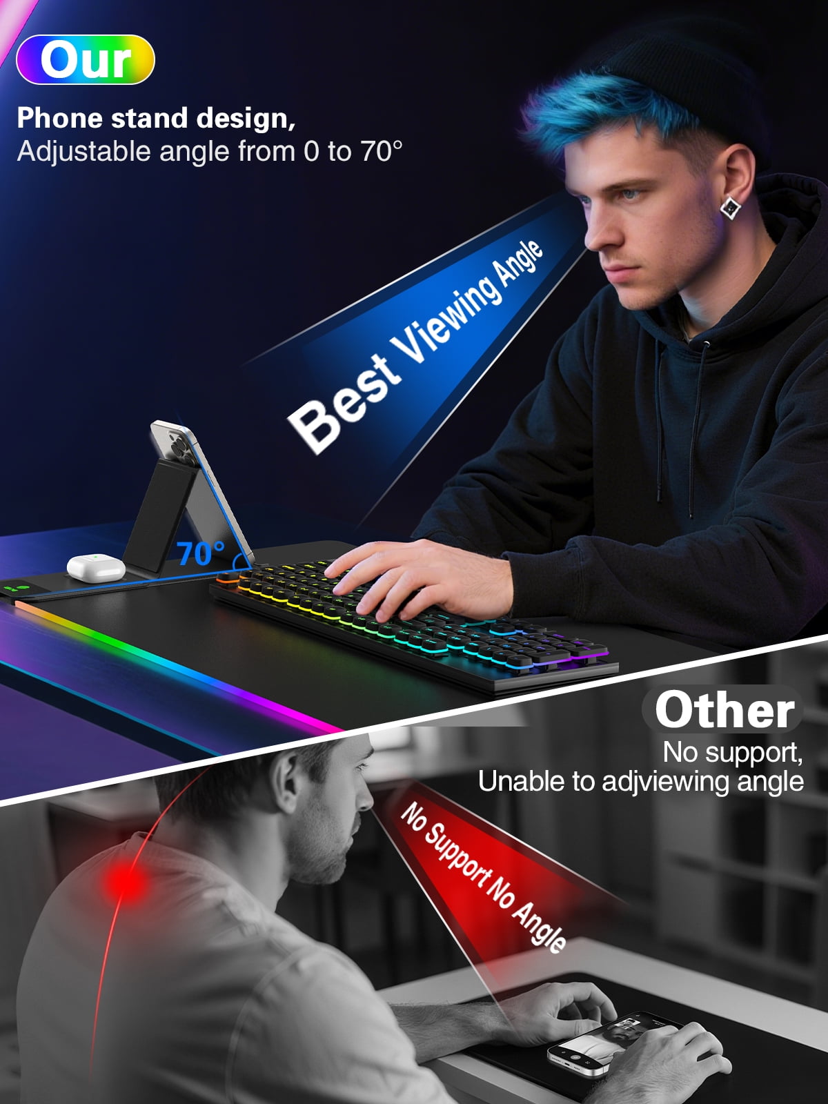 Miroddi RGB Gaming Mouse Pad with Wireless Charging, LED Desk Mousepad with Phone Holder, 15W Fast Charging Computer Keyboard Mat for Home, Office