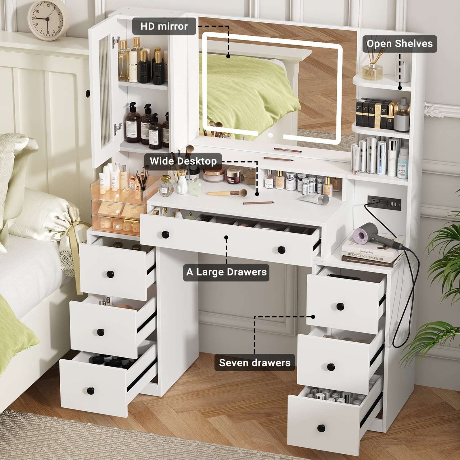 IDEALSOUL Vanity with Lights and Mirror,White Vanity Desk with 7 Drawers for Bedroom Dressing Room 3 Lighting Color Adjustable