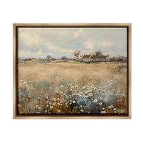 Stupell Industries Cottage & Natural Meadow Landscape Painting Brown Floater Framed Canvas Art Print Wall Art, 21 x 17