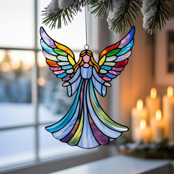 Angel Acrylic Suncatcher Guardian Angel Window Hanging, Faux Stained-Glass Style Spiritual Ornament for Home