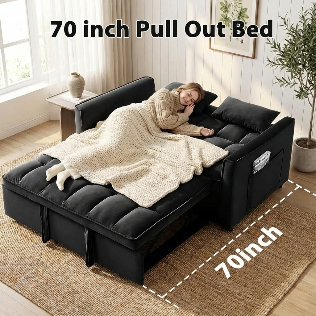 Xiweot 3 in 1 Convertible Sleeper Sofa Bed, 55" Pull Out Couch with Side Pockets, Velvet Loveseat Sofa with Adjustable Backrest for Living Room Bedroom Apartment (Black)