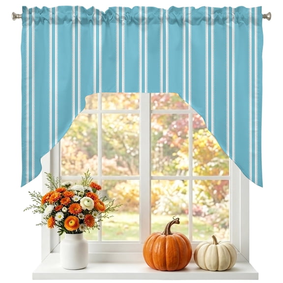 Turquoise Striped Swag Valances for Windows, Small Curtains Drapes, Farmhouse Modern Striped Minimalist Kitchen Window Curtains Over Sink Window Treatment Valance for Bedroom/Bathroom 56"x36"