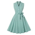 thumbnail image 2 of Women's Retro Plaid Suit Collar Dress V Neck Sleeveless Tie Waist British Plaid Swing Dresses, 2 of 9
