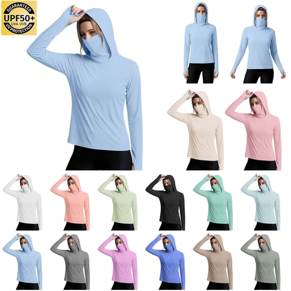 QATAINLAV Women's Fishing Hoodie Shirt with Face Mask Thumb Holes Summer Lightweight UPF 50 Long Sleeve Workout Tops Light Blue XXXL