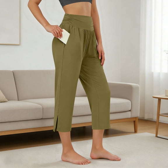 HongQid Womens Yoga Capris High Waist Capri Pants Loose Soft Wide Leg Lounge Casual with Pockets for Summer