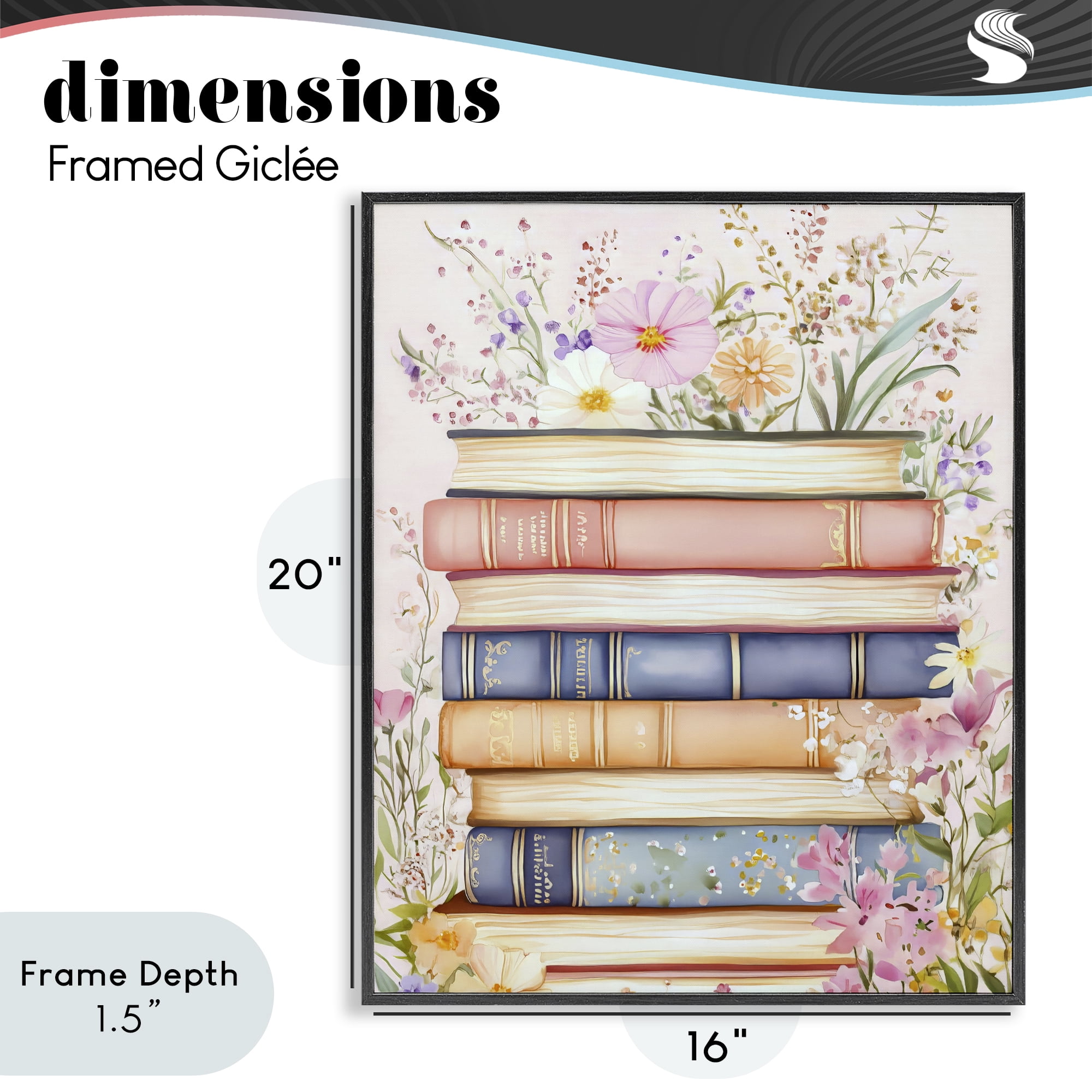 Stupell Industries Blooming Bookstack in Pastels Black Framed Giclee Art, design by LSR Design Studio