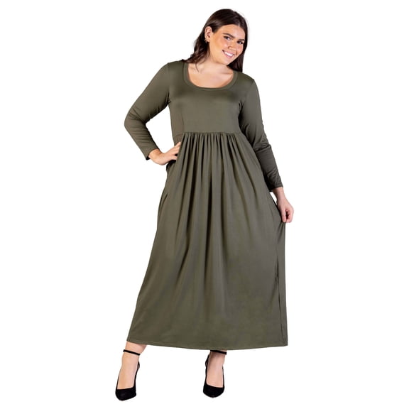 Plus Size Empire Waist Pleated Pocket Maxi Dress