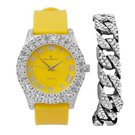 Mens Silver Big Rocks with Roman Numerals Fully Iced Out Colorful Dial Watch w/Bling'ed Out Cuban Shiny Silver Bracelet - ST10327 RN Cuban (ST10357 Silver Yellow)