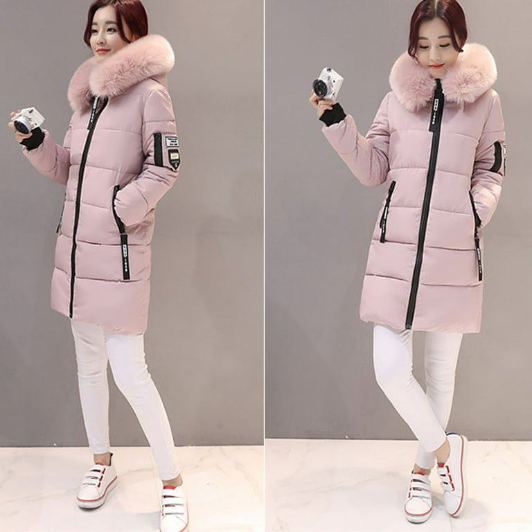 Winter Coats for Women,Winter Thick Overcoat, Classic Cotton Hoodie Jacket,Cotton  Coat,Removable Cap Big Fur Collar Coat (Color : Pink, Size : Large) :  : Clothing, Shoes & Accessories