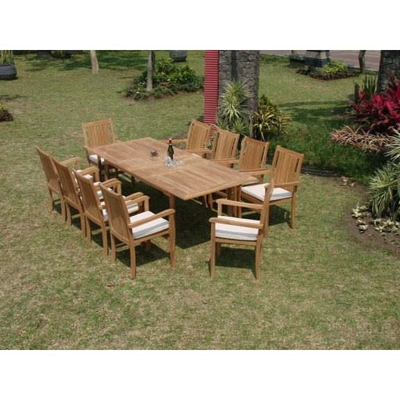 Teak Dining Set:8 Seater 9 Pc - 94" Rectangle Table And 8 Cahyo Stacking Arm Chairs Outdoor Patio Grade-A Teak Wood WholesaleTeak #WMDSCH9