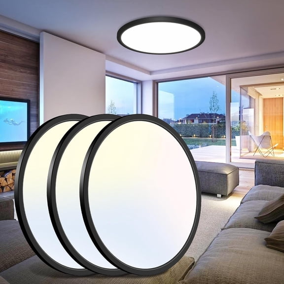 PLUHKN-16.5 Inch Black Flush Mount Ceiling Light, 3Pack 4200LM 36W Large & Bright Ceiling Lighting Fixture, 3000K/4500K/6000K Thin Round Flat LED Ceiling Lights for Bedroom, Kitchen, Livingroom