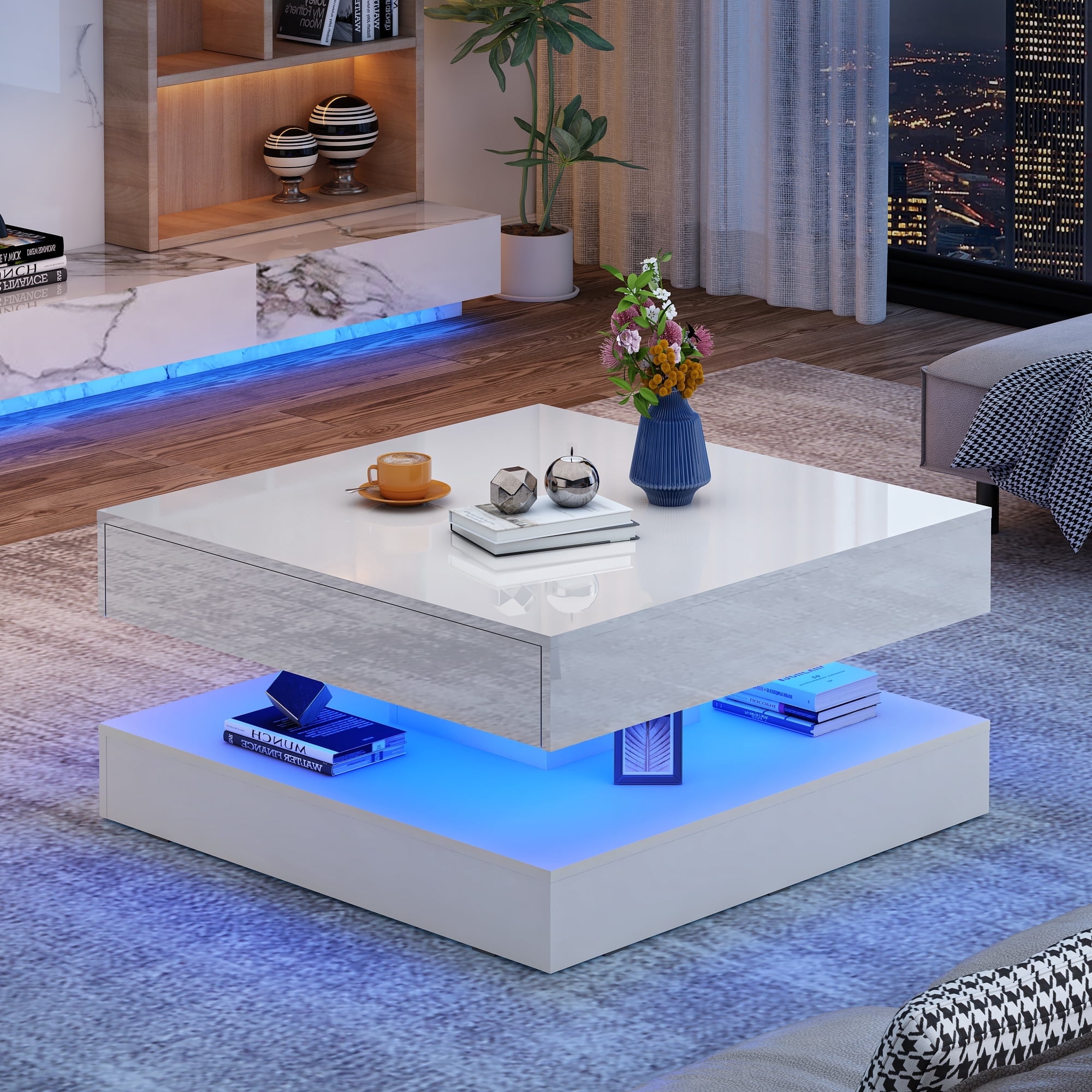 ChVans 34" LED Square Coffee Table with 2 Drawers, 2-Tier White High Glossy Coffee Table with Led lights & Storage Drawer, Modern Living Room Tables