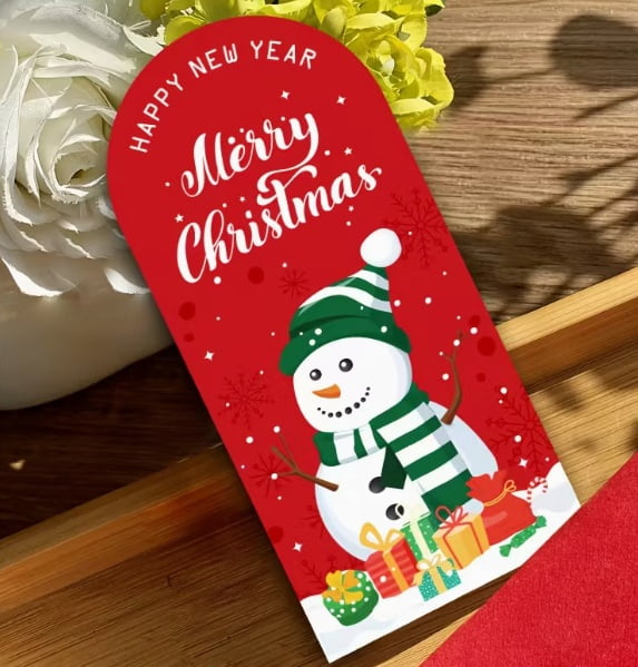 50 Christmas gift box sealing stickers featuring snowmen, gingerbread men, and tree-shaped cutouts - with red, green, and gold lettering that reads "Merry New Year" and "Merry Christmas."