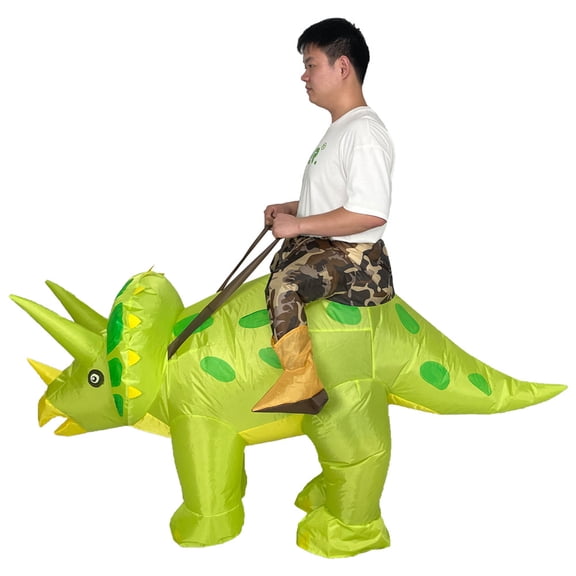 Inflatable Ride-On Triceratops Costume For Adults, Funny Dinosaur Carry Me Blow Up Suit With Fan, Green T-Rex Halloween Cosplay Party Outfit Illusion Costume For Men Women – One Size Fits Most