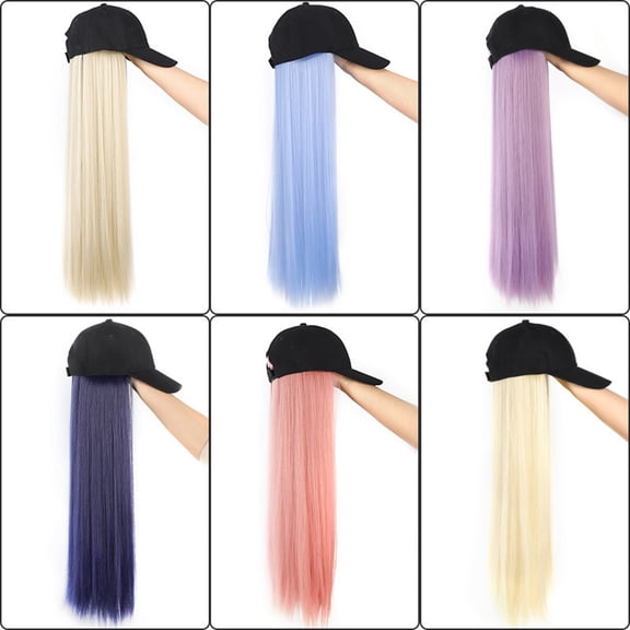 FSTDelivery Baseball Cap with Hair Extensions, Hat Wig Adjustable Hat Attached Long Straight 24 inch Synthetic Hairpiece for Women, Daily Use