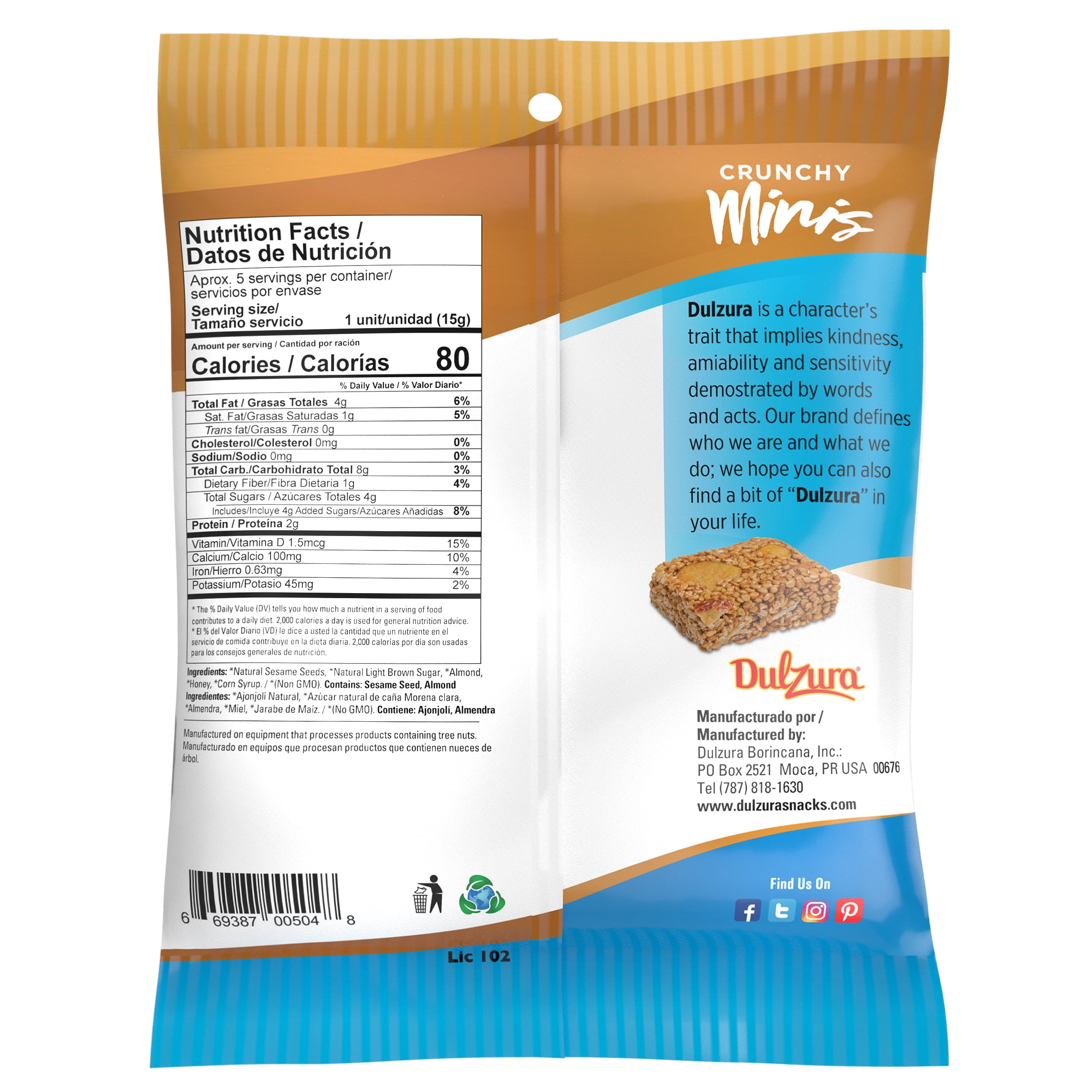(7 pack) Dulzura Sesame Honey Almonds 2.64oz, Snack Breakfast Bar, with a crunchy texture
