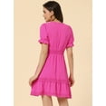 thumbnail image 4 of Mini vestido sólido Allegra K de manga corta con cuello En V y cintura elástica Rosa Caliente S, 4 of 5