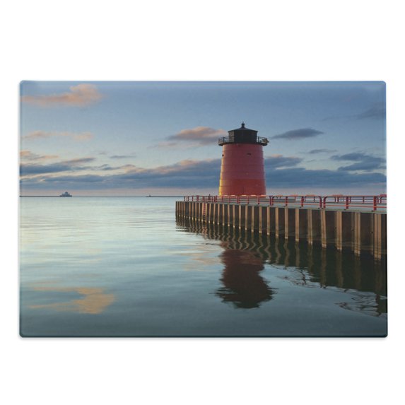 Wisconsin Cutting Board, Photo of Milwaukee Lighthouse at Sunrise Calm Water and Sky, Decorative Tempered Glass Cutting and Serving Board, in 3 Sizes, by Ambesonne