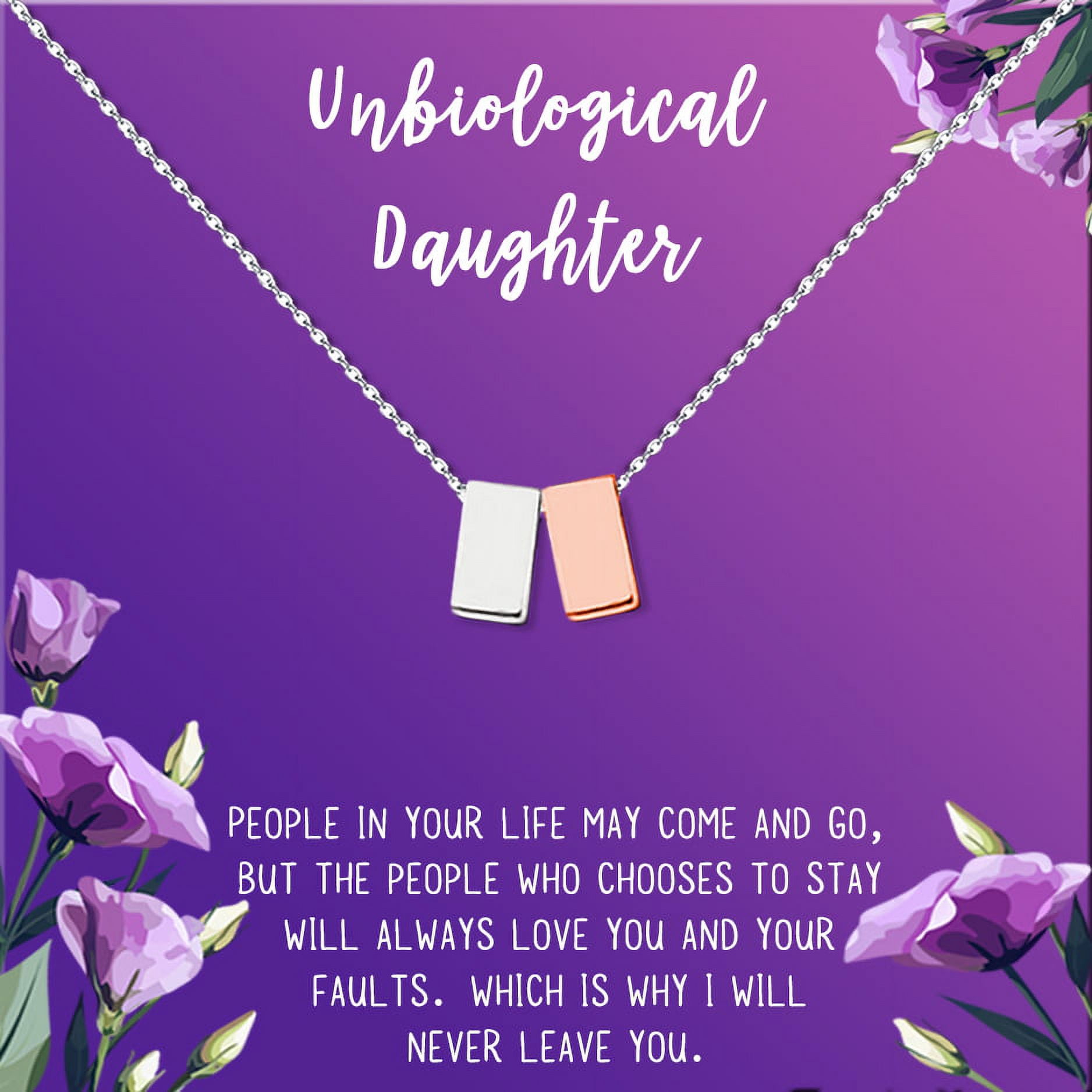 Anavia Unbiological Daughter Jewelry, Step Daughter Necklace Gift, Bonus Daughter Birthday Card Gift, Gift from Step Mom-[Silver and Rose Gold Double Cube, Royal Purple Gift Card]