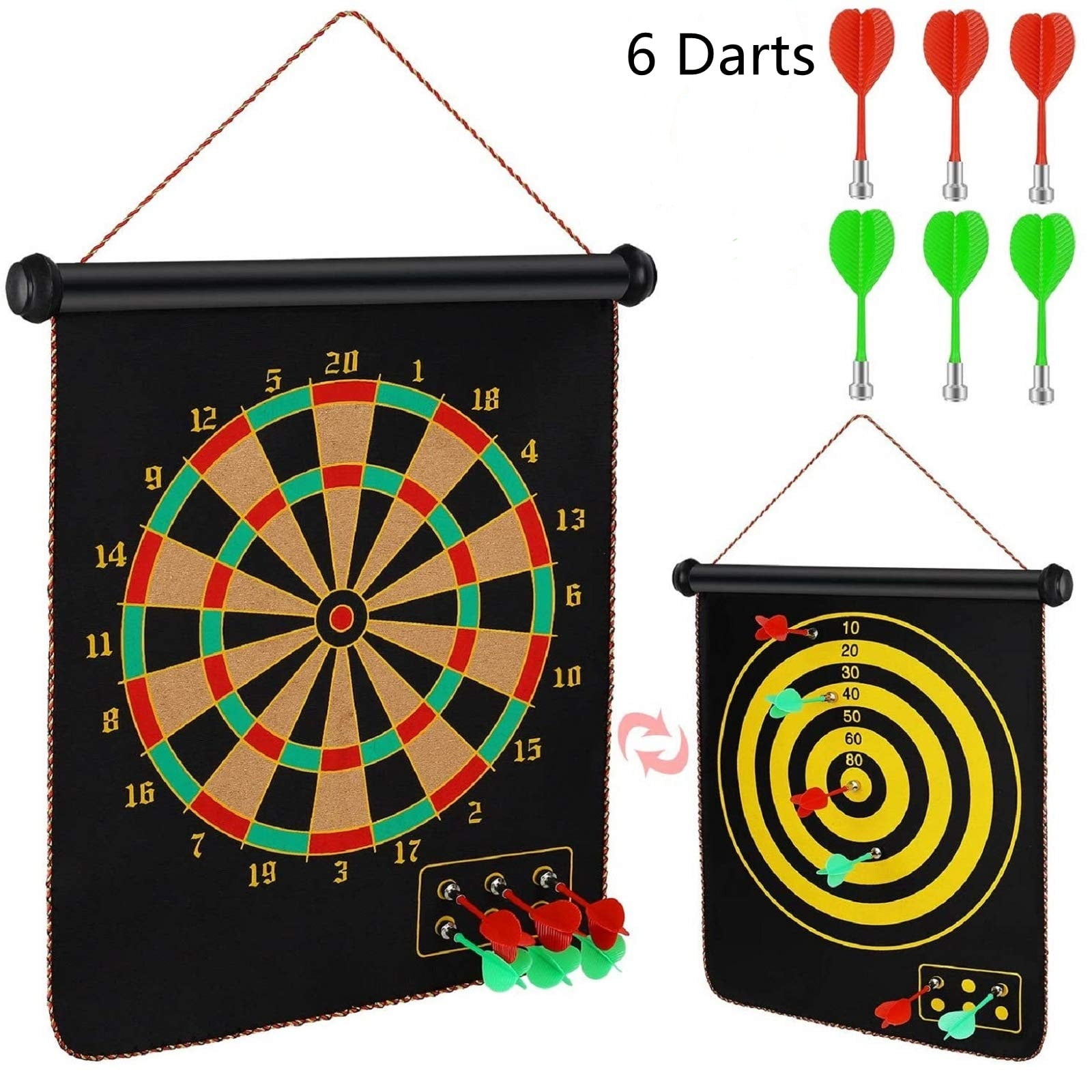 MAGNETIC ROLL UP DART BOARD DOUBLE SIDED HANGING 2 IN 1 GAME 6 SAFETY DARTS 