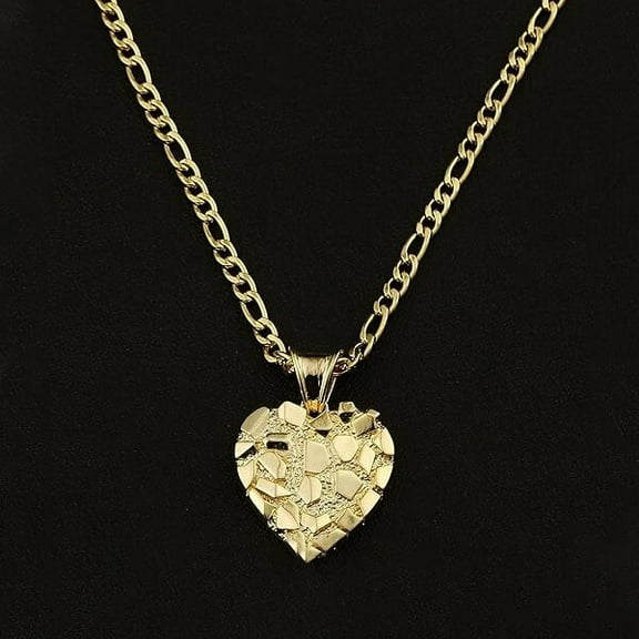 Women's Brass Gold Plated Nugget Love Heart Pendant & 14K Stamped 4mm 20" Figaro Chain Necklace