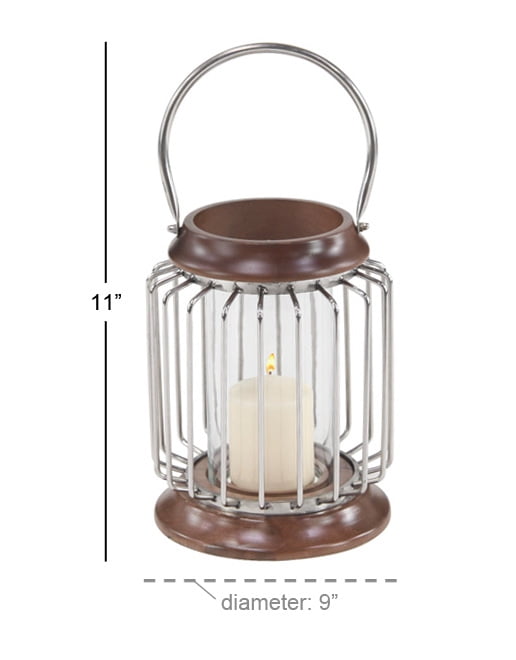Decmode - Large Wood & Metal Bar Hanging Lantern with Handle & Hurricane Glass Candle Holder, 9” x 11”