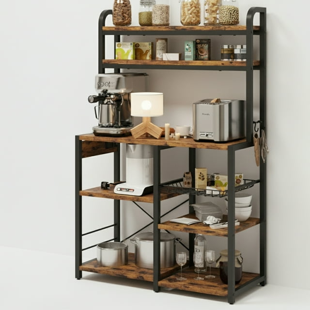 Garvee Kitchen Baker Rack with 2 Power Outlets, 6 Tier Storage Shelf, 35.4 x 15.7 x 59.1", Brown