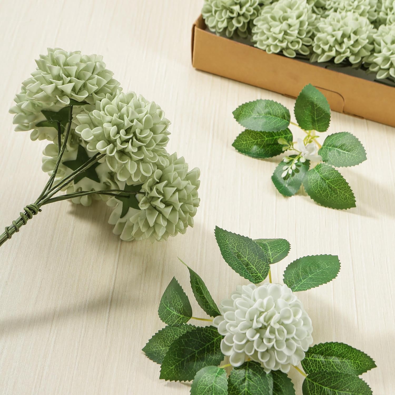25Pcs Sage Green Artificial Roses and Dahlias with Stems, Fake Flowers for DIY Wedding Bouquets, Centerpieces, Bridal Shower and Home Decorations