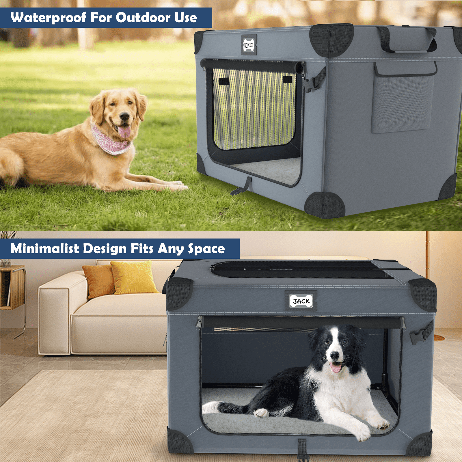 36 Inch Collapsible Dog Crate for Large Dogs, 3-Door Foldable Soft Kennel with Fleece Bed and a Folding Bowl, Suitable for Indoor & Outdoor Portable Pet Kennel