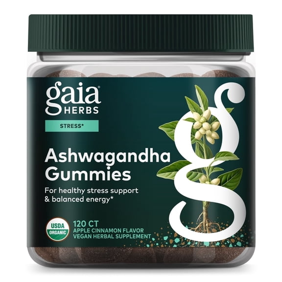 Gaia Herbs Organic Ashwagandha Gummies - Stress Support* - Made with Cinnamon & Ginger - Gluten Free & Vegan - 120 Count (40 Servings)