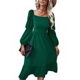 thumbnail image 1 of Vestido verde con escote cuadrado y mangas farol, espalda elástica, detalle de volante, corte A, estilo casual fluido, talla M, 1 of 6