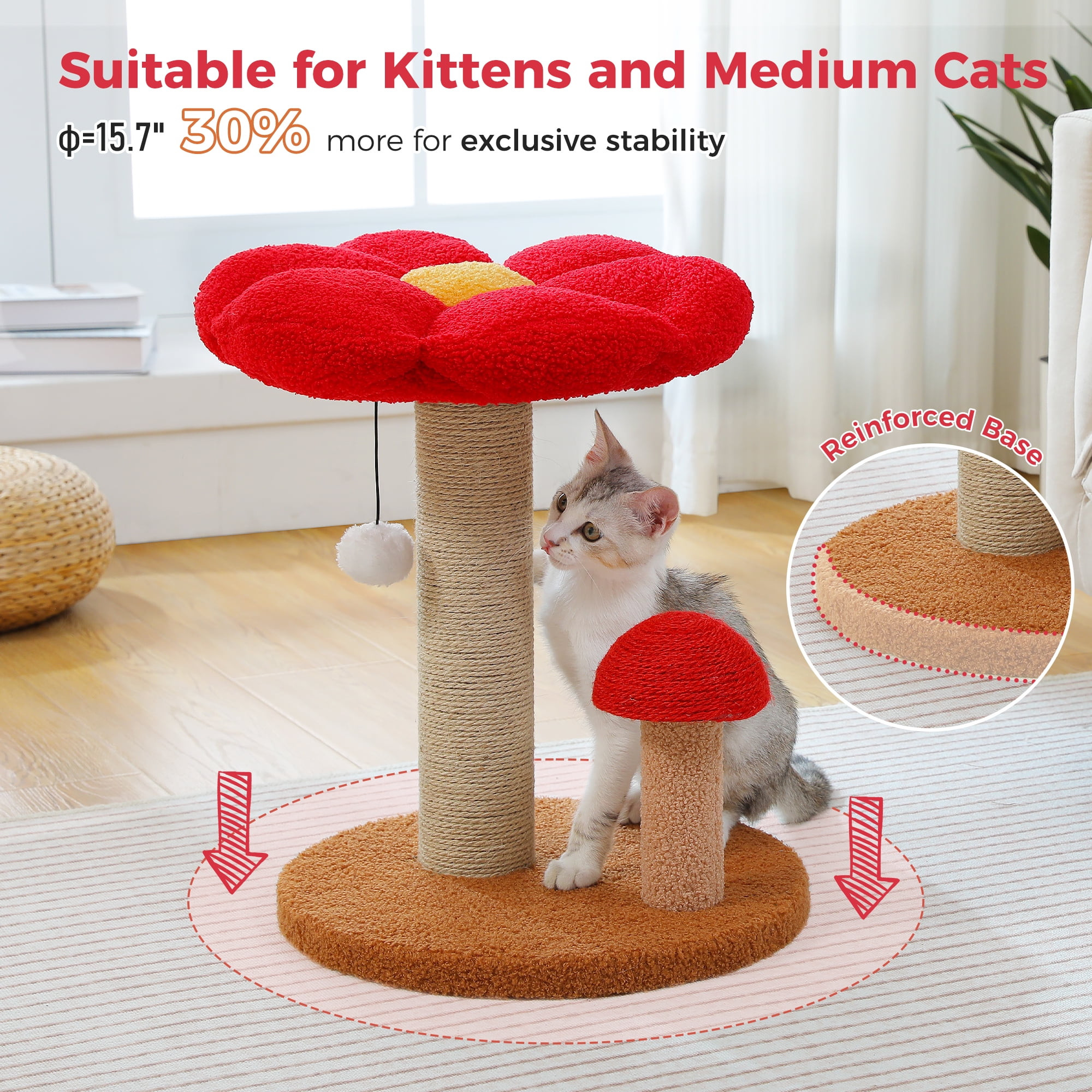 PEQULTI 19.7" Flower Cat Scratch Post, Cat Tree Tower with Removable Perch for Kittens and Small Cats, Brown