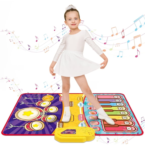 Rirool 2-in-1 Musical Play Mat for Kids, Piano & Drum Dance Mat with 2 Sticks, Non-Slip Toddler Educational Toy, Foldable Music Mat Gift for Boys & Girls (Purple/Blue)