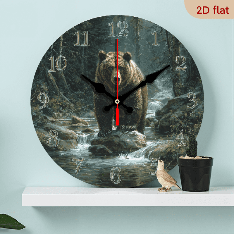 2D Flat, 1pc 10Inch Brown Bear Themed Wooden Wall Clock, Silent Non-Ticking, Easy to Read, Round Shape, Farmhouse Style Home Decor, with AA Battery Operated (Battery Not Included) for Kitchen, Bed